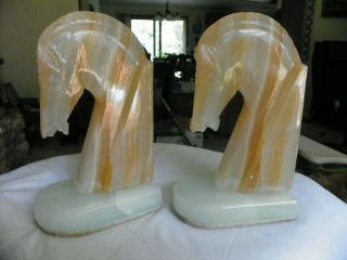 Vintage Premium Horse Head Bookends Hand Carved Onyx Rock Marble Book Ends