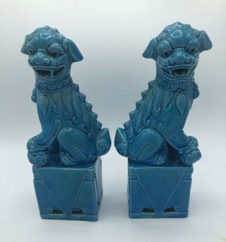 Vintage 10” Chinese Turquoise Blue Glazed Porcelain Foo Dog Statues
