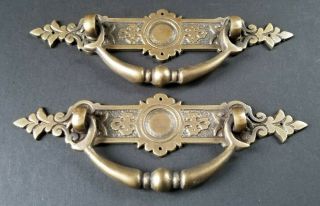 2 Vtg Antique Style Ornate Victorian Brass Drawer Handles Pulls 5 - 1/4 " Wide H44