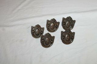 5 - Antique Victorian Ornate Brass Fan & Drop Ring Single Bolt Drawer Pulls