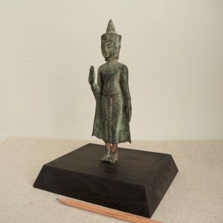 Old Thai Bronze Standing Buddha Figure Sukhothai Abhaya Mudra Statue Sculpture