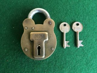 Large Quality Old Brass Padlock & Keys 3.  3 Inches