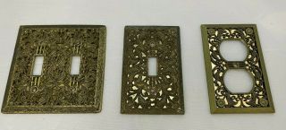Vintage 3 Ornate Cast Brass & Gold Light Switch Plates And Outlet Cover Floral
