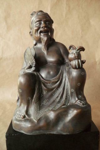 Antique Qing Dynasty Chinese Cast Bronze Seated Man Figurine Statue W/base