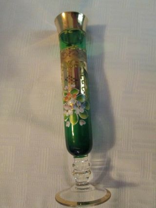 Emerald Green Glass Bud Vase W/hand Painted Flowers And Gold Inlay 8 " Tall