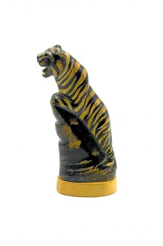 Hand Carved Water Buffalo Horn Scrimshaw Tiger Carving 10 " Tall On Teak Base