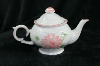 Vintage Small Porcelain Chinese Teapot,  White With Pink Floral Design