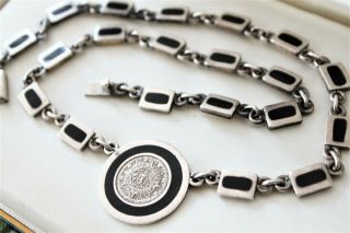 Unusual Vintage Sterling Silver 925 Black Onyx Link Aztec Calendar Necklace
