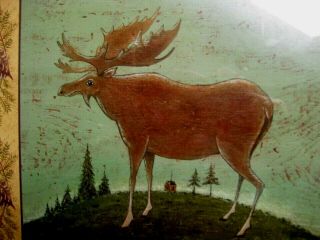 Warren Kimble Framed Moose/elk Print Folk Art Signed 14 " Square Walnut Frame
