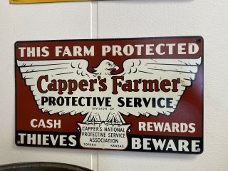 Vintage Cappers Farm Sign Farming Farmer Antique Warning Tin Tacker Barn Gate