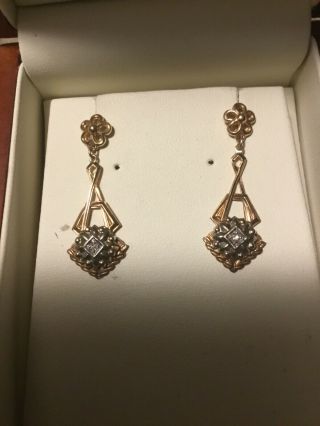 Vtg Victorian 14k Y Gold Diamond Dangling Earrings W/screw - On Backs 1 3/8 " Long