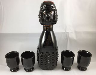 Vintage Relco Japan Poodle Scotch Decanter Bottle Set Cups Figurines Black Dog