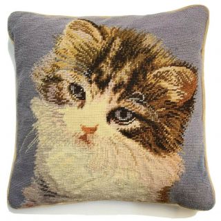Cat Face Needlepoint Throw Accent Pillow 12” Square Velvet Wool Yarn Pet Lover