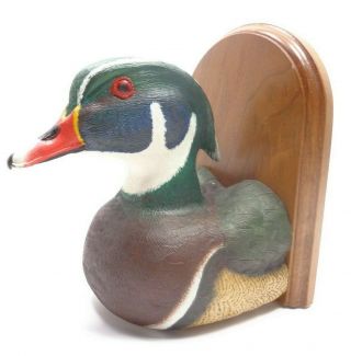 Vintage 1990s Jennings Decoy Co Wood Duck Head Bookend Handpainted Resin Signed