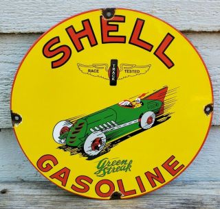 Vintage " Shell Green Streak Gasoline Race Track Car 12 " Porcelain Metal Oil Sign