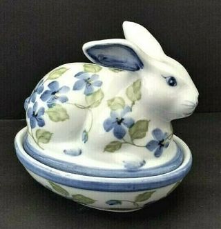 Vtg Andrea Sadek Porcelain Easter Rabbit Bunny Oval Blue Green 2 Pc Chintz Dish
