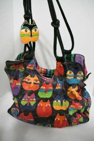Laurel Burch Handbag Purse Matching Cosmetic Bag Black Rainbow Cats