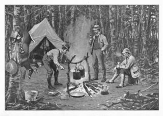 Hunting Tent Camping Supper In Camp Hunters Cooking On Campfire Fire A.  B.  Frost