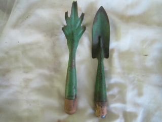 2 Vintage Hand Garden Tools Green Metal And Wood Claw & Trowel