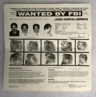 Mexican Cartel Drug Lord Juan Garcia - Abrego Wanted By The Fbi Orig 1995 Poster