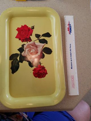Yellow Vintage Metal Lap Serving Tray With Red And White Roses.