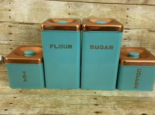 Vintage Mid Century Lincoln Beautyware Canister Set Turquoise Aqua Tin Copper