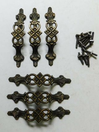 6 Vintage Ornate Pierced Brass Handles Cabinet Drawer Pulls 4 3/4 " Mid Century