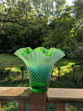 Vintage Large Fenton Emerald Green Opalescent Hobnail Ruffled Edge Vase 8 "