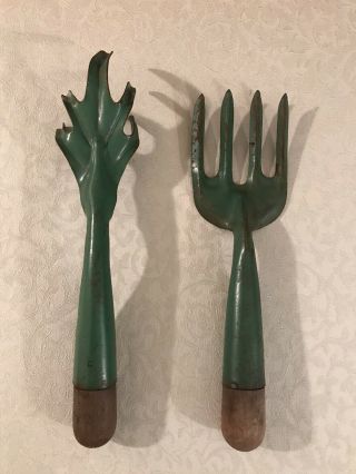 Vintage Set Of 2 Green Metal Hand Garden Tools - Claw & Fork