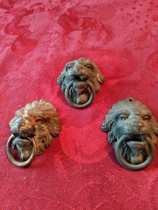 3 Antique Heavy Brass Lion Heads Drawer Or Cabinet Pulls 3 "