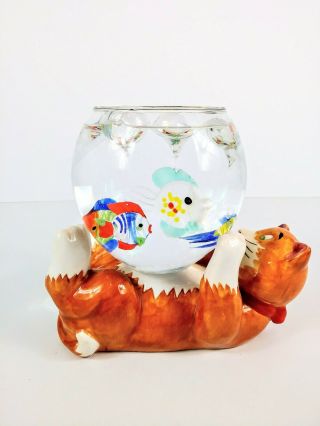 Paws Up Glazed Ceramic Cat With Fish Bowl & 4 Colorful Blown Glass Fish