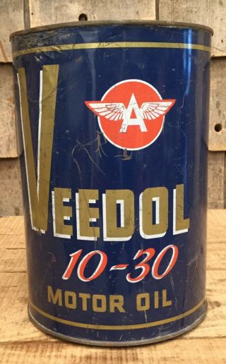 Vintage 5qt Veedol 10 - 30 Motor Oil Tin Can Gas Service Station Flying A Graphic