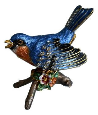 Bluebird On Branch Jeweled Trinket Box Swarovski Crystal Accents Enamel Pewter