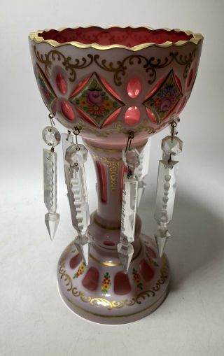 Antique/vtg Czech Bohemian Cut To Clear Pink Flower Cased Glass Mantel Lustre