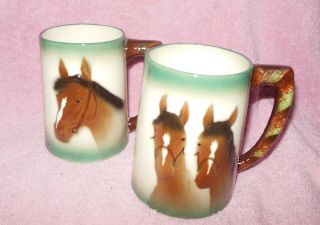Vintage Sculpted Ceramic Horse Equestrian Coffee Mugs Cups