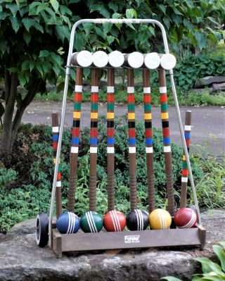 Vintage Forster Wood Croquet Set With Rack 6 Mallets 6 Balls 2 Stakes No Wickets