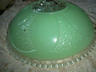Vintage Art Deco Green & Clear Art Glass 3 Chain Hanging Ceiling Light Shade