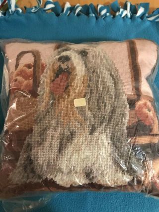 Vintage Bearded Collie Dog Woolen Needlepoint Hand Made Pillow 14 Inch