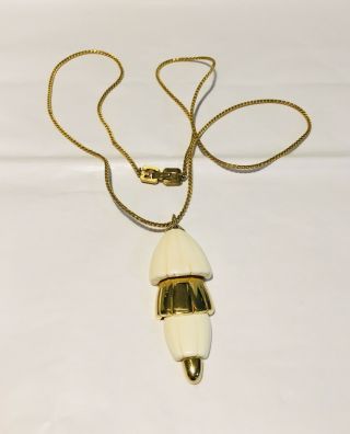 Vintage Signed Givenchy 1979 Gold Necklace With Lucite And Gold Plate Pendant