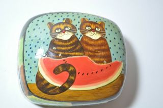 Vintage Indian Lacquer Paper Mache Trinket Jewelry Box Cats Watermelon India