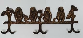 Vintage Brass Or Bronze Monkeys Wall Mount With Hooks,  See,  Hear,  Speak No Evil