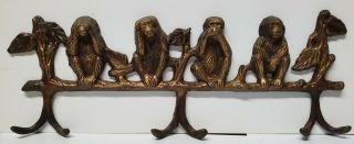 Vintage Brass or Bronze Monkeys Wall Mount with Hooks,  See,  Hear,  Speak No Evil 3