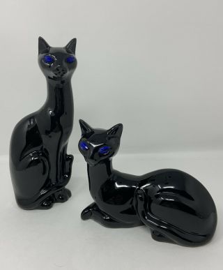 Mcm Retro Atomic Black Porcelain Cats With Blue Eyes Figurine