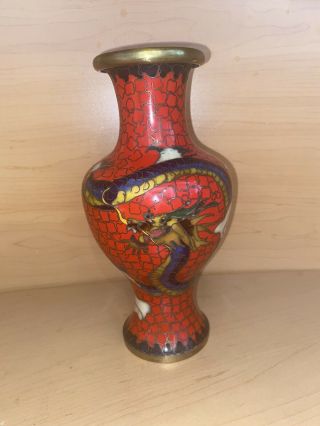 Vintage Japanese Cloisonné Vase With Red 5 Claw Dragon Decorations Silver Wiring