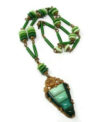 Antique Art Deco Czech Green Step Glass Pendant Necklace
