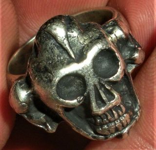 Antique C.  1850 Sterling Silver Memento Mori Skull Crossbones Ring Heavy Vafo