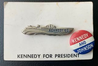 Vintage JFK John F Kennedy 60 1960 Campaign Pin On Card PT - 109 Boat Pinback 2