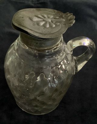 Antique Ripple Glass Syrup Pitcher With Tin Lid And Spout