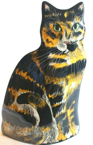 Cats By Nina 11.  5 " Tall Flat Tabby Cat Vase Black Orange Yellow Green Eyes