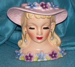 Summer Blonde Napco Lg 6 Headvase Lady Head Vase Vtg Bonnet Flowers